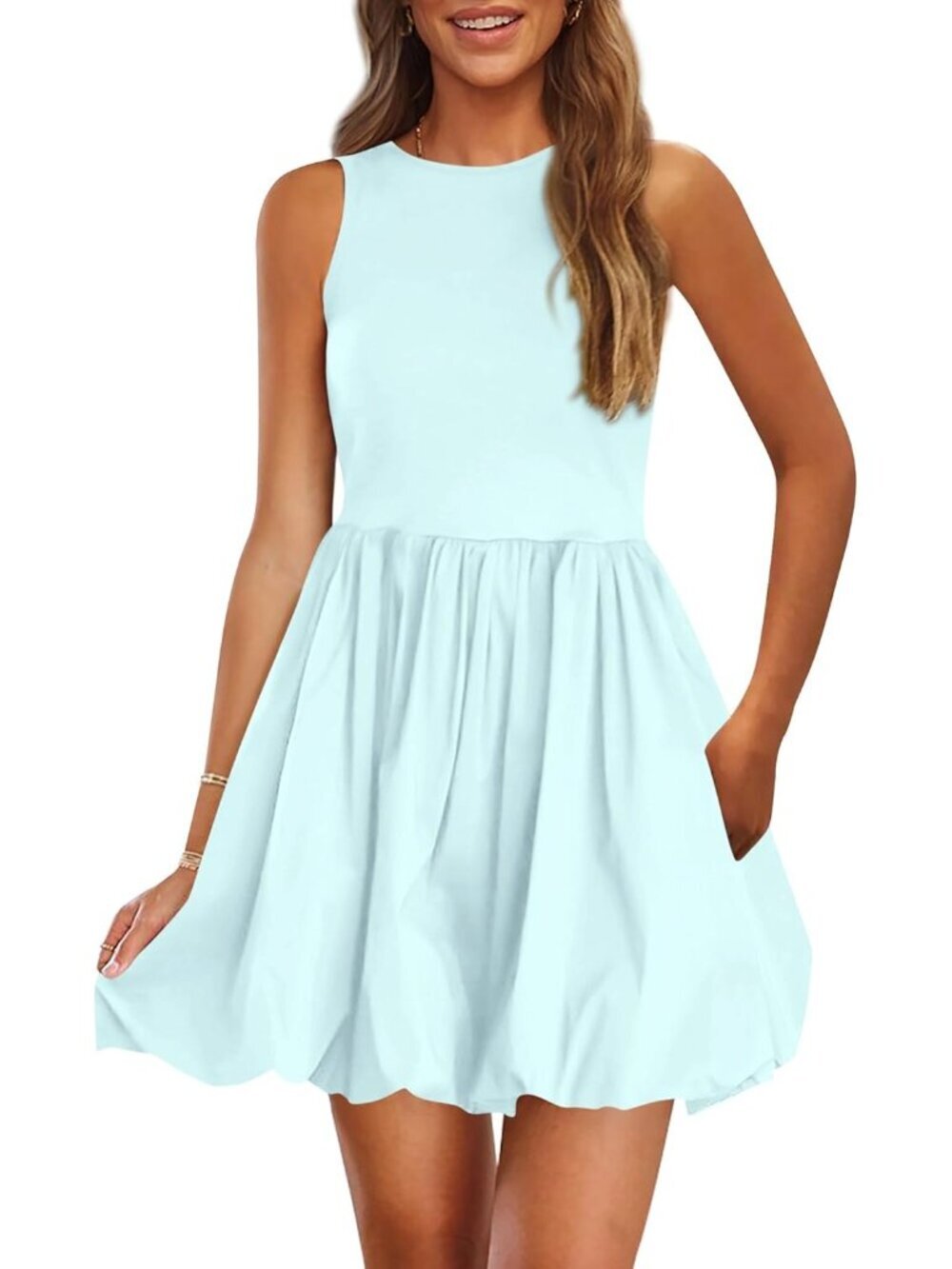 Women's Blue Casual Sleeveless Tank Mini Short Dress Crew Neck Bubble Sundress